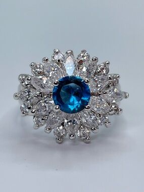 Blue Sapphire Halo Ring Swarovski Crystal Elements Silver Statement Sz 7